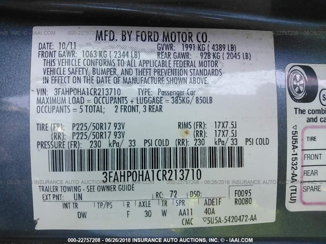 3FAHP0HA1CR213710 - 2012 FORD FUSION SE GRAY photo 9