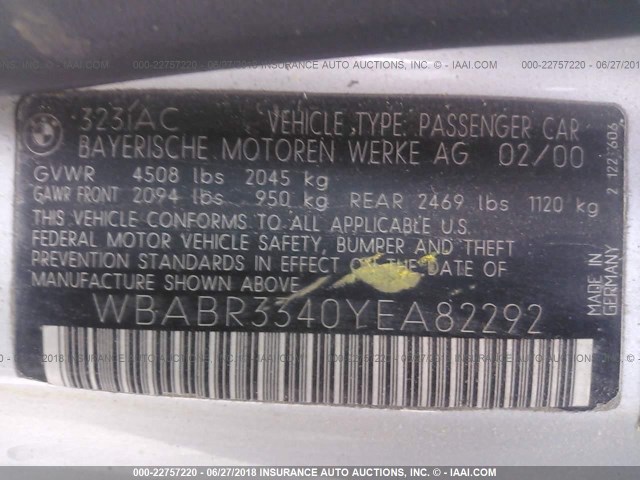 WBABR3340YEA82292 - 2000 BMW 323 CI SILVER photo 9