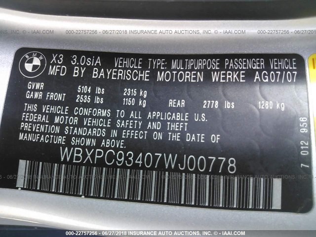 WBXPC93407WJ00778 - 2007 BMW X3 3.0SI SILVER photo 9