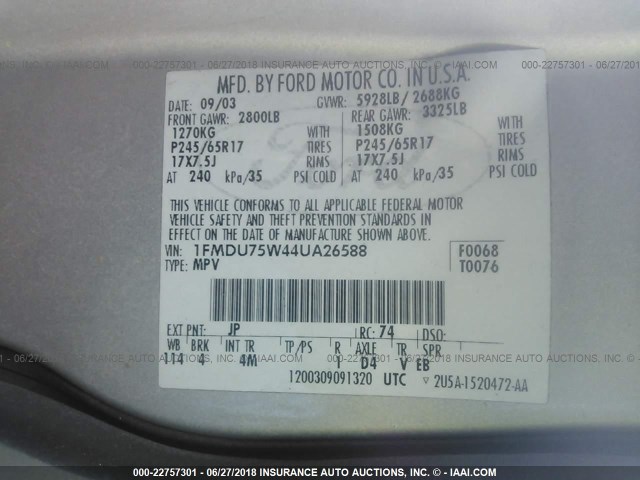1FMDU75W44UA26588 - 2004 FORD EXPLORER LIMITED 银色 照片 9