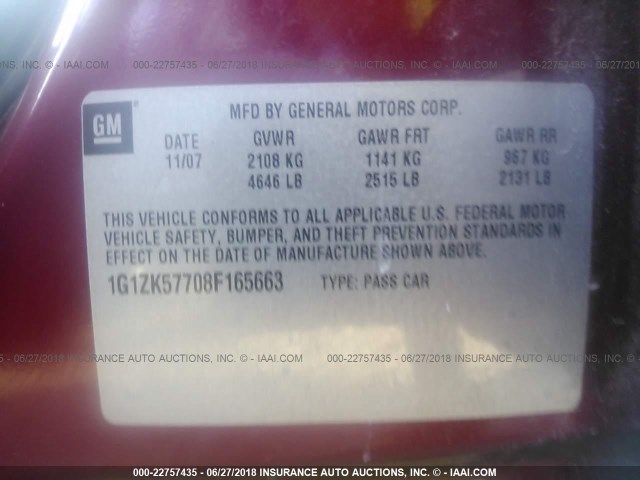 1G1ZK57708F165663 - 2008 CHEVROLET MALIBU LTZ BURGUNDY photo 9