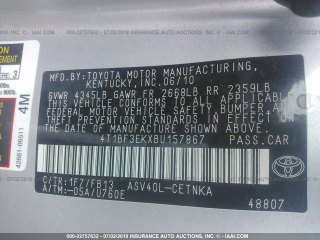 4T1BF3EKXBU157867 - 2011 TOYOTA CAMRY SE/LE/XLE SILVER photo 9