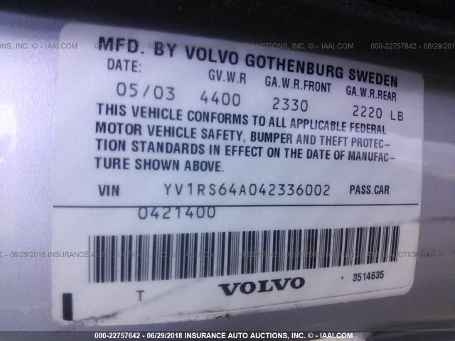 YV1RS64A042336002 - 2004 VOLVO S60 SILVER photo 9