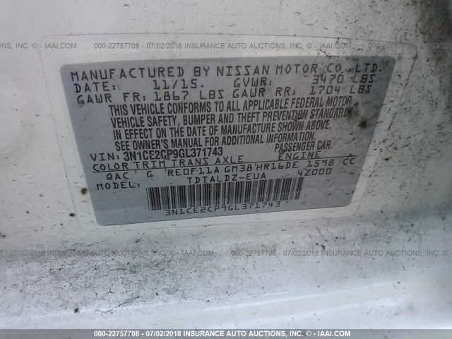 3N1CE2CP9GL371743 - 2016 NISSAN VERSA NOTE S/S PLUS/SV/SL/SR WHITE photo 9