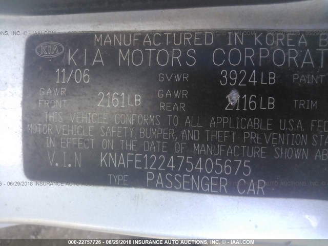 KNAFE122475405675 - 2007 KIA SPECTRA EX/LX Light Blue photo 9