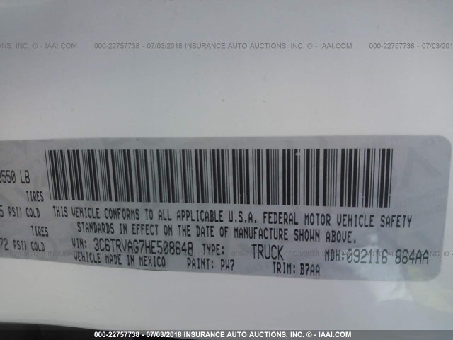 3C6TRVAG7HE508648 - 2017 RAM PROMASTER 1500 1500 STANDARD WHITE photo 9