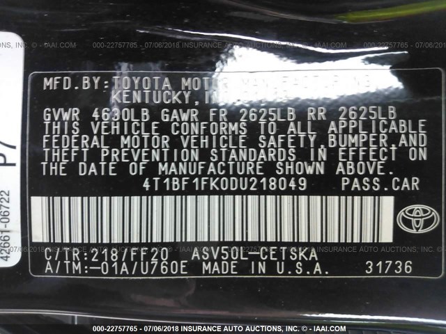 4T1BF1FK0DU218049 - 2013 TOYOTA CAMRY L/SE/LE/XLE 黑色 照片 9