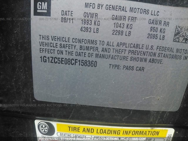 1G1ZC5E08CF158360 - 2012 CHEVROLET MALIBU 1LT 黑色 照片 9