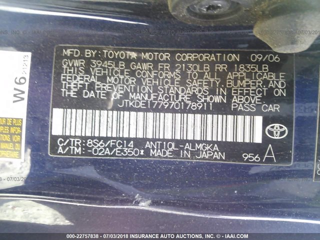 JTKDE177970178911 - 2007 TOYOTA SCION TC 深蓝色 照片 9