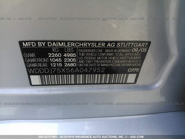 WDDDJ75X56A047952 - 2006 MERCEDES-BENZ CLS 500C SILVER photo 9