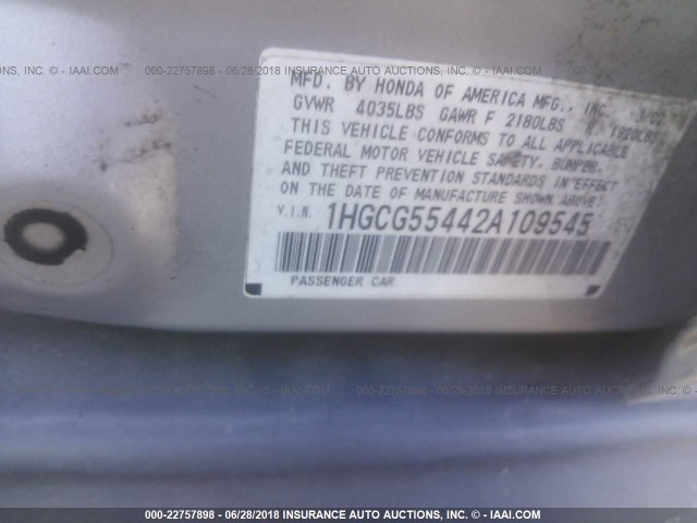 1HGCG55442A109545 - 2002 HONDA ACCORD LX SILVER photo 9