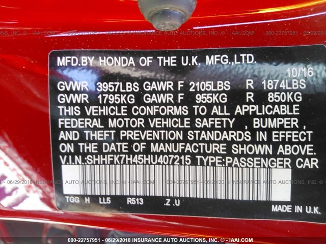 SHHFK7H45HU407215 - 2017 HONDA CIVIC SPORT Rouge photo 9