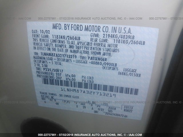 1LNHM87A32Y713219 - 2002 LINCOLN LS თაფლისფერი ფოტო 9