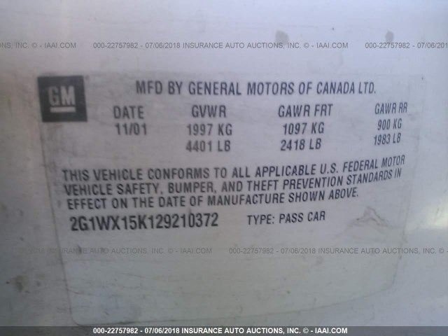 2G1WX15K129210372 - 2002 CHEVROLET MONTE CARLO SS თეთრი ფოტო 9