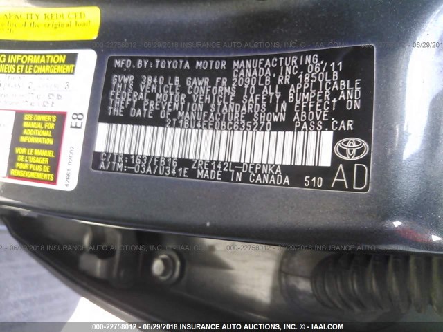 2T1BU4EE0BC635270 - 2011 TOYOTA COROLLA S/LE GRAY photo 9