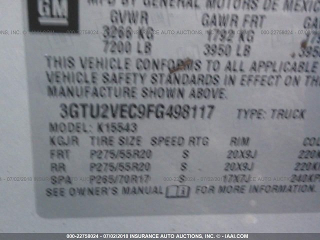 3GTU2VEC9FG498117 - 2015 GMC SIERRA K1500 SLT SILVER photo 9