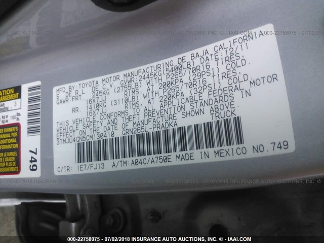 3TMJU4GN5CM130410 - 2012 TOYOTA TACOMA DOUBLE CAB PRERUNNER SILVER photo 9