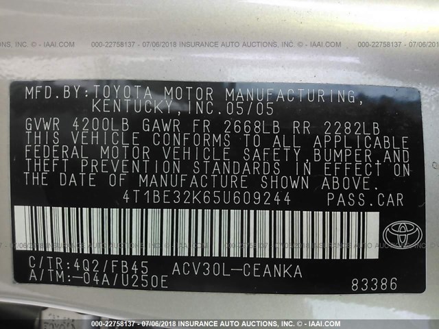 4T1BE32K65U609244 - 2005 TOYOTA CAMRY LE/XLE/SE Bej foto 9