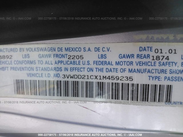 3VWDD21CX1M459235 - 2001 VOLKSWAGEN NEW BEETLE GLX 银色 照片 9