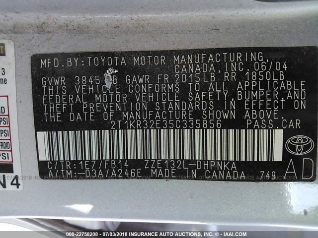 2T1KR32E35C335856 - 2005 TOYOTA COROLLA MATRIX XR SILVER photo 9
