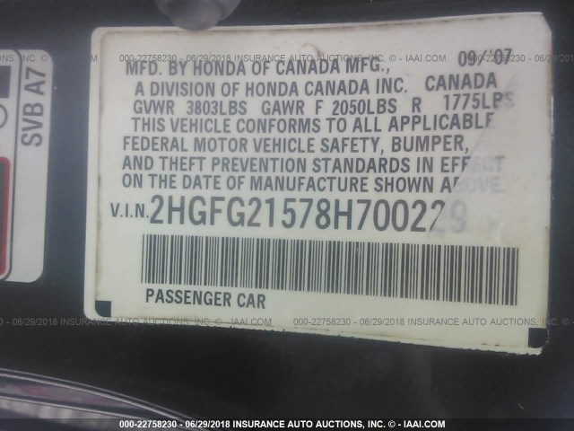 2HGFG21578H700229 - 2008 HONDA CIVIC SI BLACK photo 9