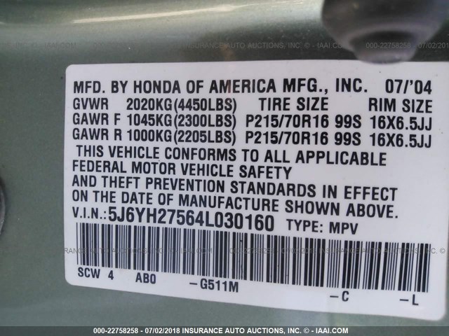 5J6YH27564L030160 - 2004 HONDA ELEMENT EX GREEN photo 9