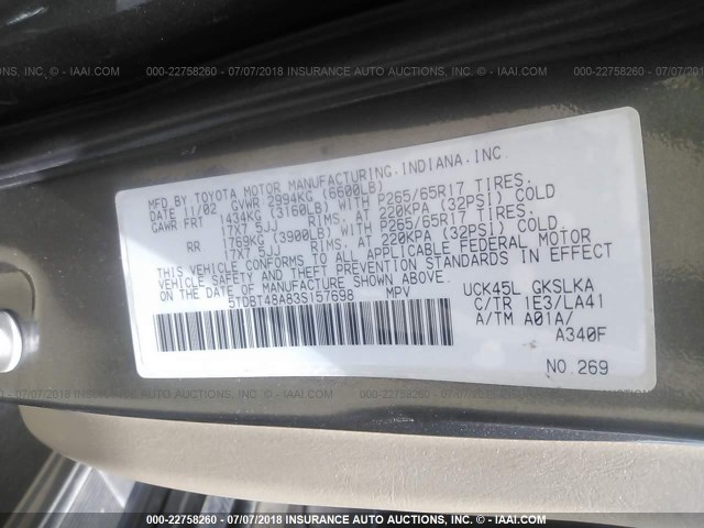 5TDBT48A83S157698 - 2003 TOYOTA SEQUOIA LIMITED GRAY photo 9