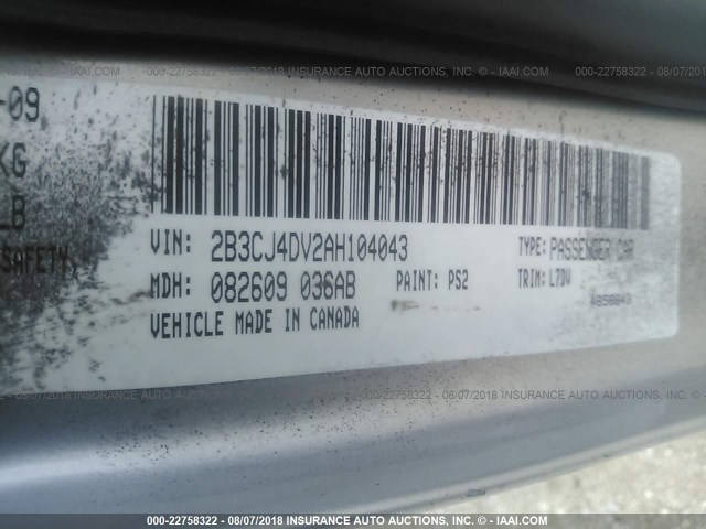 2B3CJ4DV2AH104043 - 2010 DODGE CHALLENGER SE GRAY photo 9