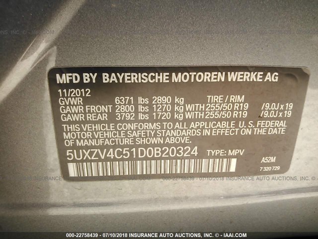5UXZV4C51D0B20324 - 2013 BMW X5 XDRIVE35I GRAY photo 9