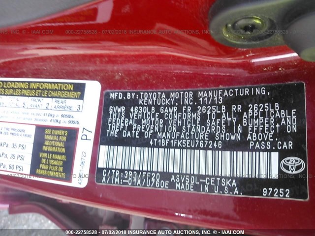 4T1BF1FK5EU767246 - 2014 TOYOTA CAMRY L/SE/LE/XLE წითელი ფოტო 9