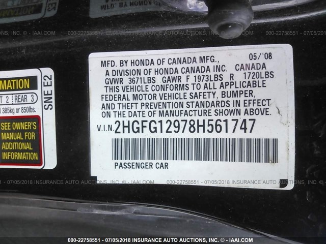 2HGFG12978H561747 - 2008 HONDA CIVIC EXL 黑色 照片 9