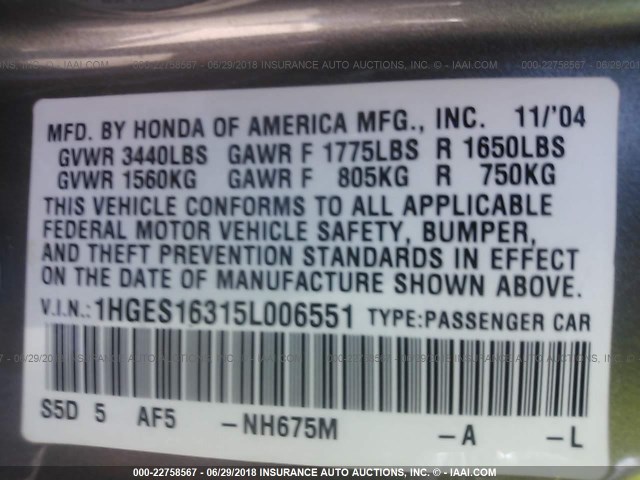 1HGES16315L006551 - 2005 HONDA CIVIC DX VP Gümüş foto 9