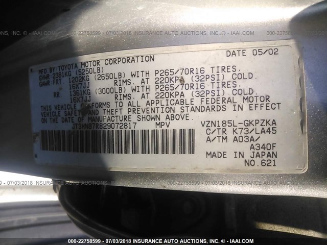 JT3HN87R829072817 - 2002 TOYOTA 4RUNNER LIMITED SILVER photo 9
