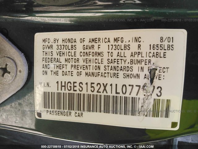 1HGES152X1L077573 - 2001 HONDA CIVIC DX GREEN photo 9