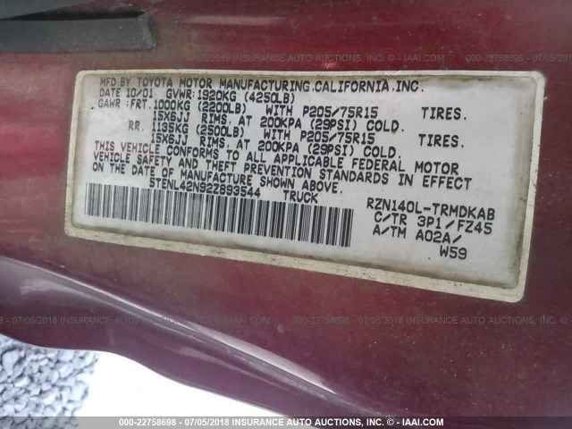 5TENL42N92Z893544 - 2002 TOYOTA TACOMA RED photo 9