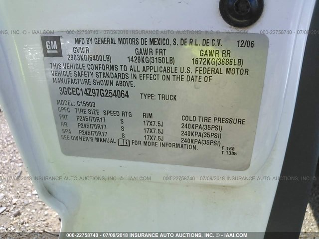 3GCEC14Z97G254064 - 2007 CHEVROLET SILVERADO C1500 CLASSIC WHITE photo 9