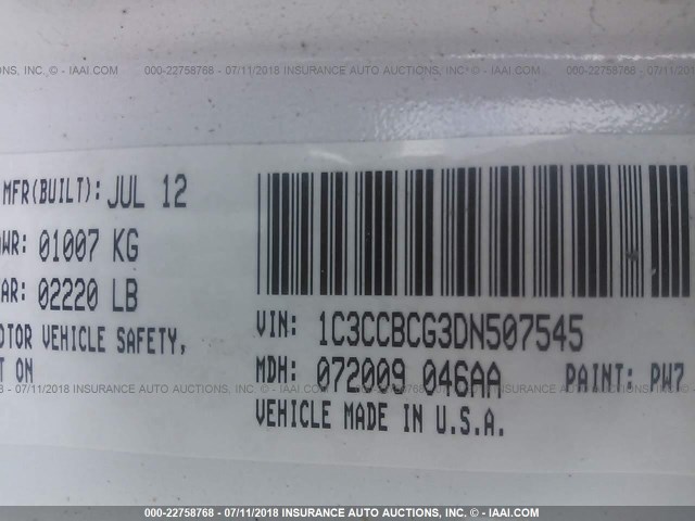 1C3CCBCG3DN507545 - 2013 CHRYSLER 200 LIMITED WHITE photo 9