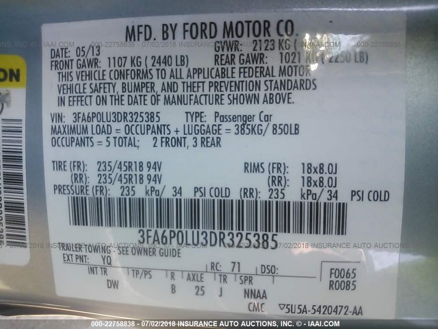3FA6P0LU3DR325385 - 2013 FORD FUSION SE HYBRID TURQUOISE photo 9