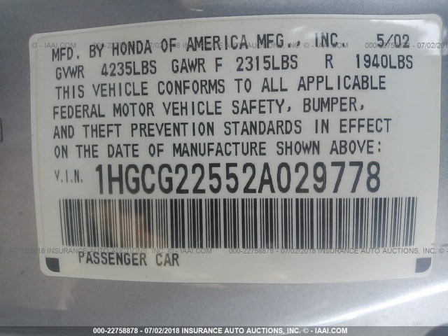 1HGCG22552A029778 - 2002 HONDA ACCORD EX SILVER photo 9