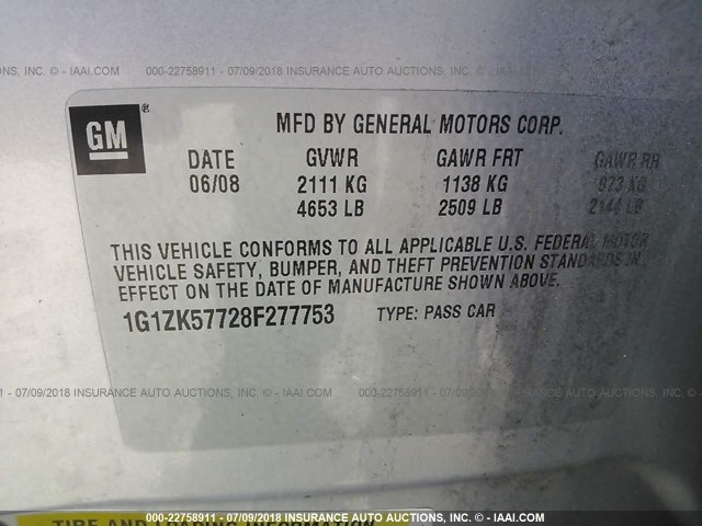 1G1ZK57728F277753 - 2008 CHEVROLET MALIBU LTZ 银色 照片 9