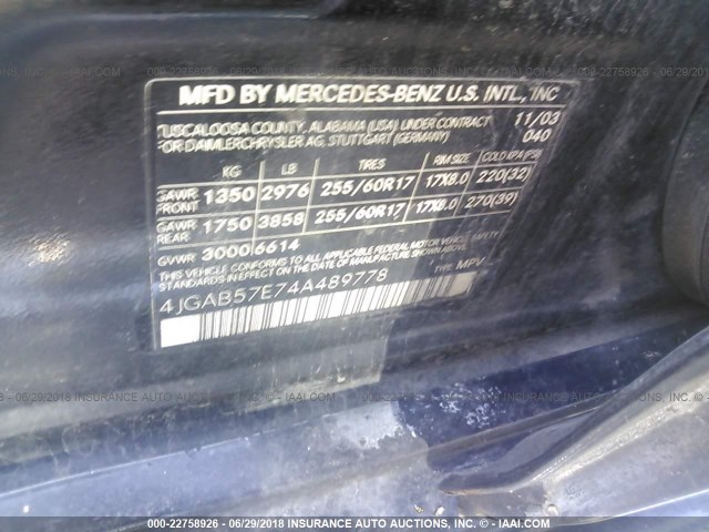 4JGAB57E74A489778 - 2004 MERCEDES-BENZ ML 350 BLACK photo 9
