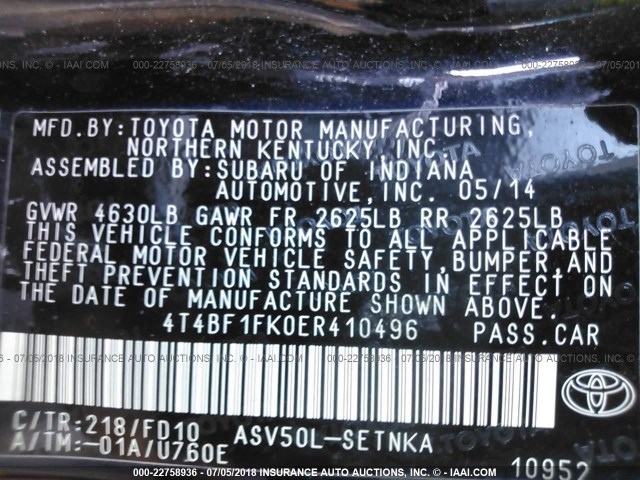 4T4BF1FK0ER410496 - 2014 TOYOTA CAMRY L/SE/LE/XLE 黑色 照片 9