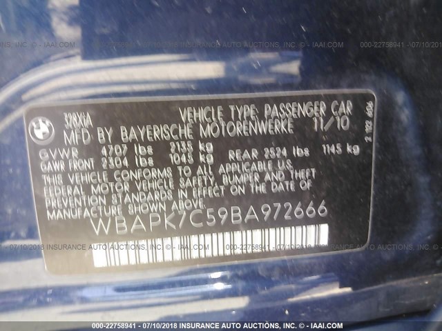 WBAPK7C59BA972666 - 2011 BMW 328 XI BLUE photo 9