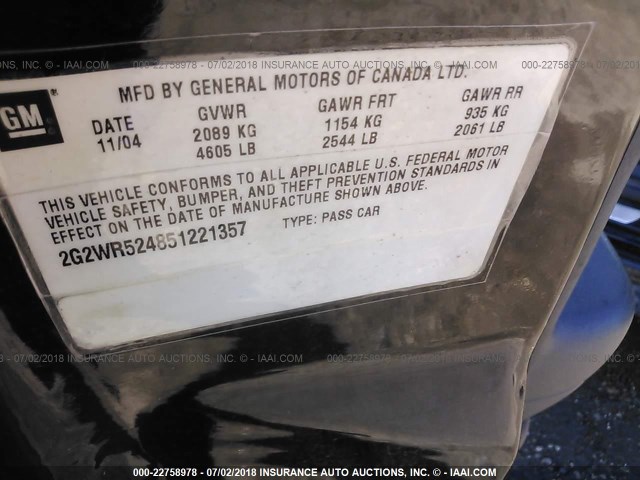2G2WR524851221357 - 2005 PONTIAC GRAND PRIX GTP BLACK photo 9