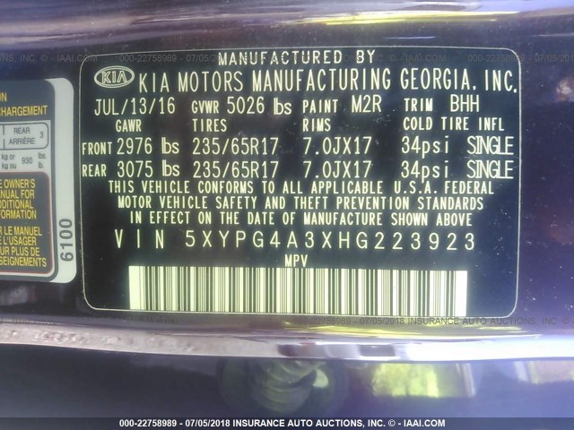 5XYPG4A3XHG223923 - 2017 KIA SORENTO LX/L MAROON photo 9