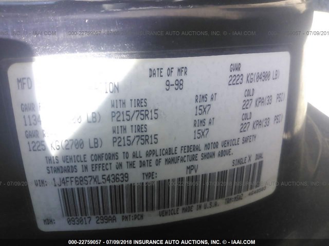 1J4FF68S7XL543639 - 1999 JEEP CHEROKEE SPORT/CLASSIC ლურჯი ფოტო 9