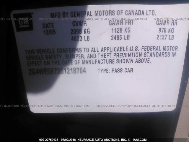 2G4WE587261218704 - 2006 BUICK LACROSSE CXS BLACK photo 9