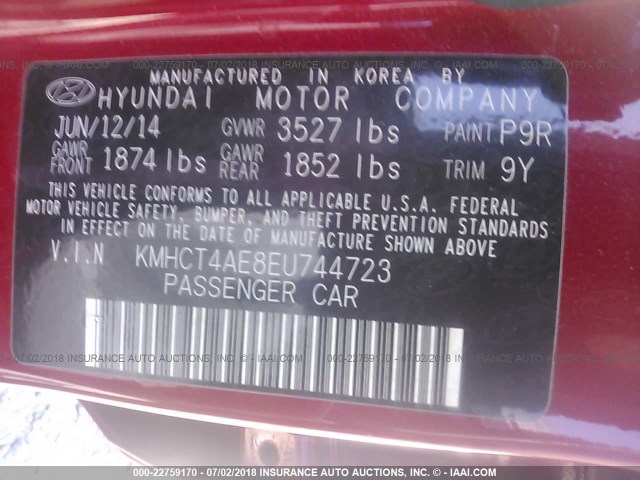 KMHCT4AE8EU744723 - 2014 HYUNDAI ACCENT GLS/GS RED photo 9