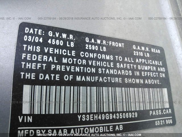 YS3EH49G943506929 - 2004 SAAB 9-5 AERO GRAY photo 9