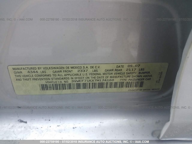 3VWEF71KX7M174160 - 2007 VOLKSWAGEN JETTA WOLFSBURG 银色 照片 9